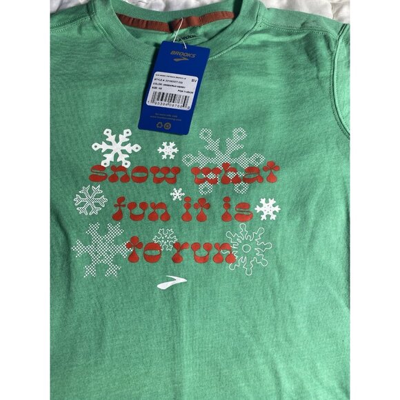 Brooks XS Green Run Merry Distance Graphic Long Sleeve Tshirt Ugly Sweater - Picture 3 of 10